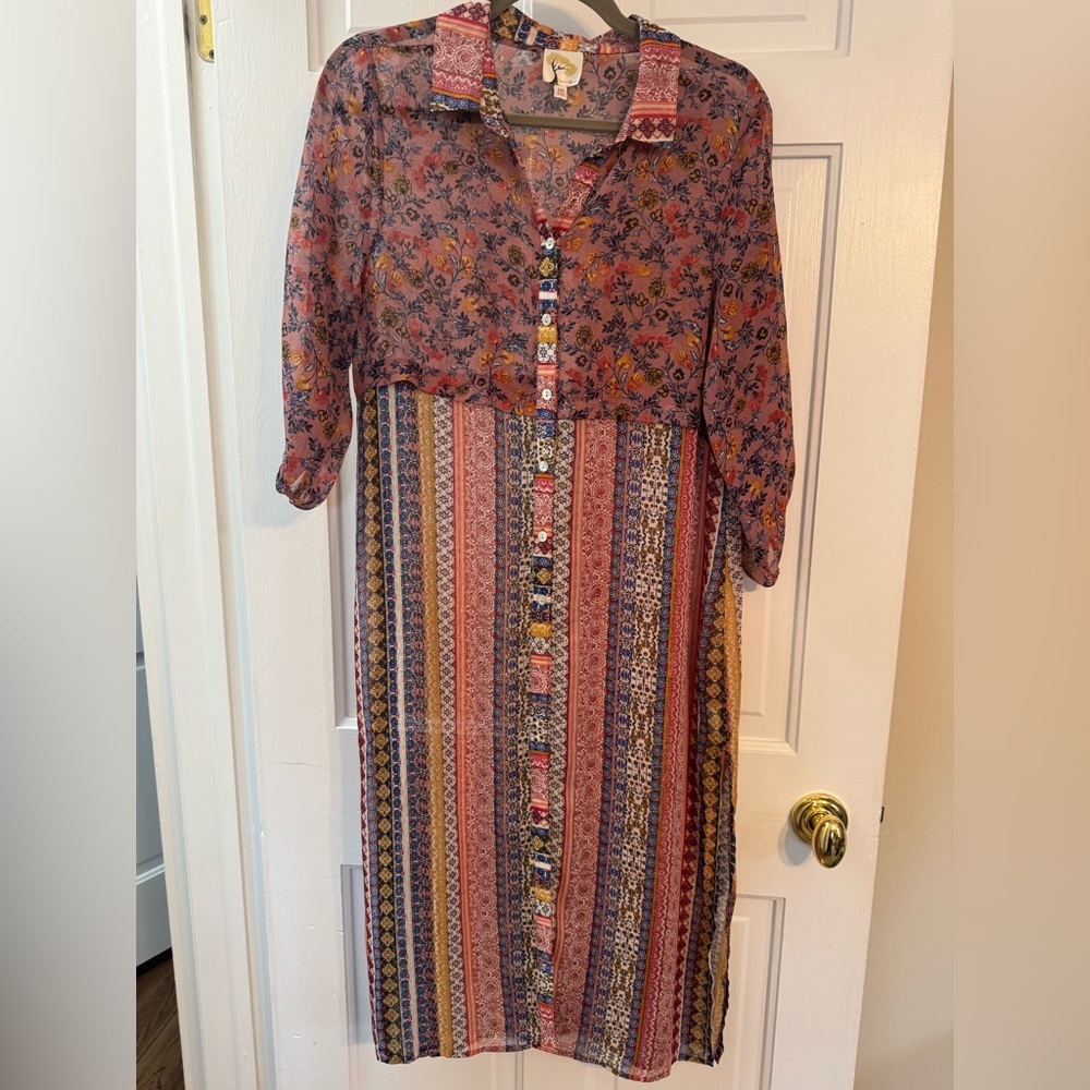 Fig & Flower Sheer Boho Midi Dress Duster Size Medium Rust Floral Button Front L